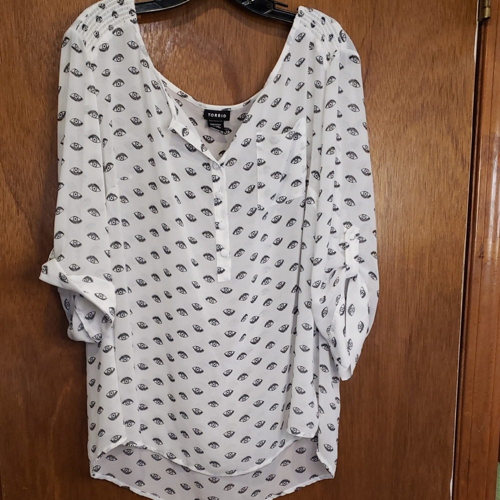 Torrid White Sheer Blouse with Black Eye Print